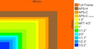 A comparison of various sensor sizes. The dark orange square represents a 35mm "full frame" camera. The light orange square represents the 1.6X crop APS-C sensor found in Canon's entry-level camera line, and the light green square represents Four Thirds and Micro Four Thirds. Meanwhile, the smaller sensors are what you would find in point-and-shoot cameras and, at the smallest point (the dark blue), the cameras in smart phones. Image courtesy of http://www.macrumors.com/2014/07/17/iphone6-sony-13-megapixel-imx220-sensor/